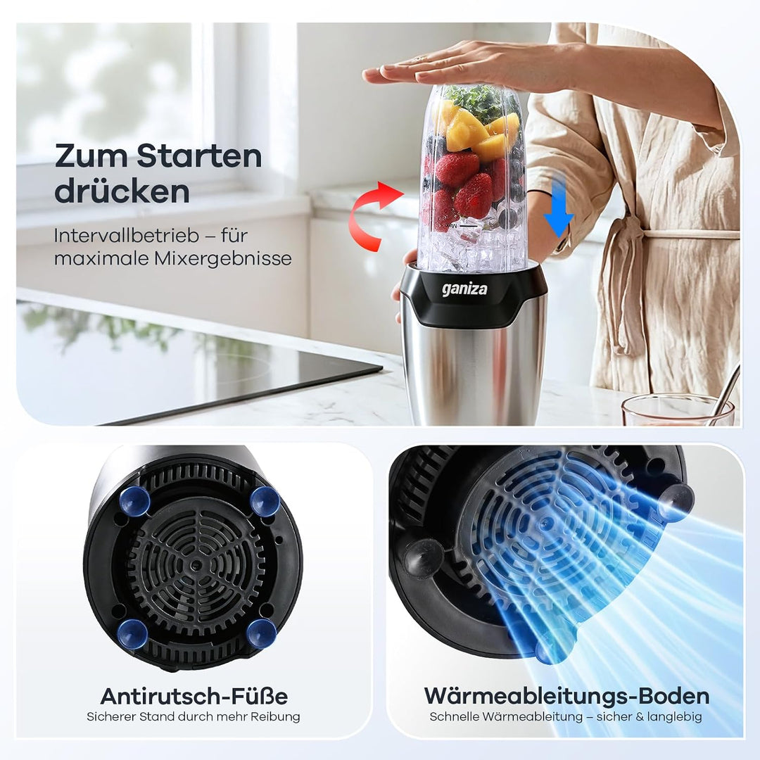 Ganiza Mixer, 1300W Smoothie Maker, Standmixer mit 3 Tragbare Mixbechern(2×1100ml & 1×660ml), Sechsk