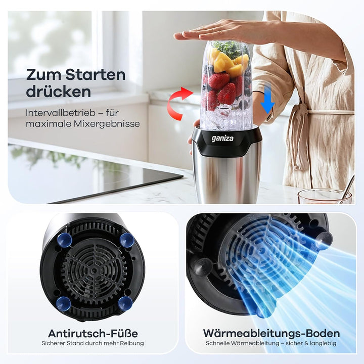 Ganiza Mixer, 1300W Smoothie Maker, Standmixer mit 3 Tragbare Mixbechern(2×1100ml & 1×660ml), Sechsk