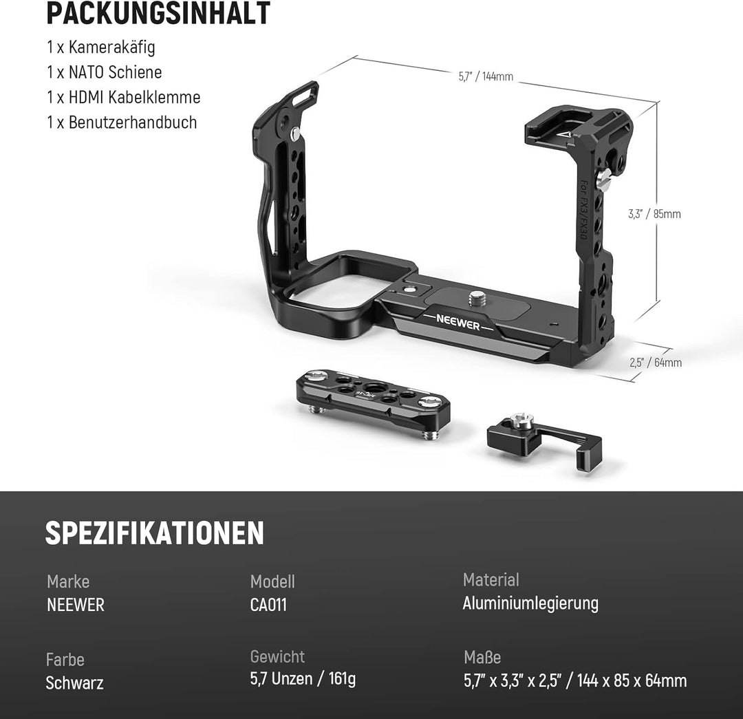 NEEWER FX3/FX30 Cage Kamera Käfig mit HDMI Cable Clamp,NATO Schiene,3/8"ARRI Positionierungslöcher,