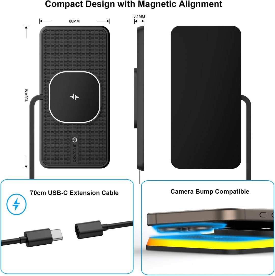 RGB Wireless Charger Auto für MagSafe, Polmxs 15W Induktive Ladestation Magnetisch Auto LED Induktiv