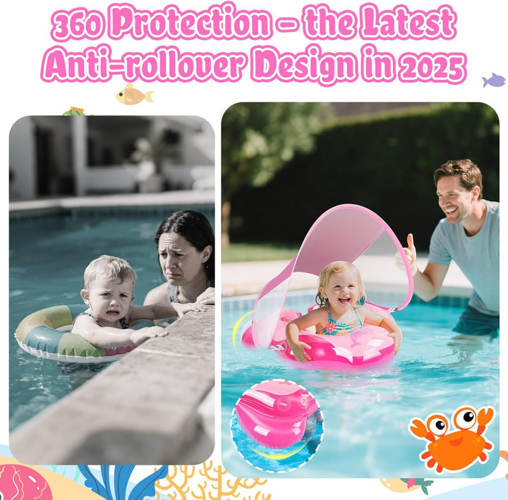 Olycism Baby Schwimmring mit Sonnendach UPF50+ & Spielzeug Spielen Lenkrad Kinderboot Babyschwimmrei