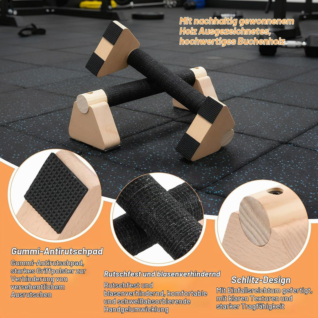 Liegestützgriffe Holz mit Handgelenkbandagen, 2 Stück 25cm Push Up Bars, Gelenkschonende Parallettes