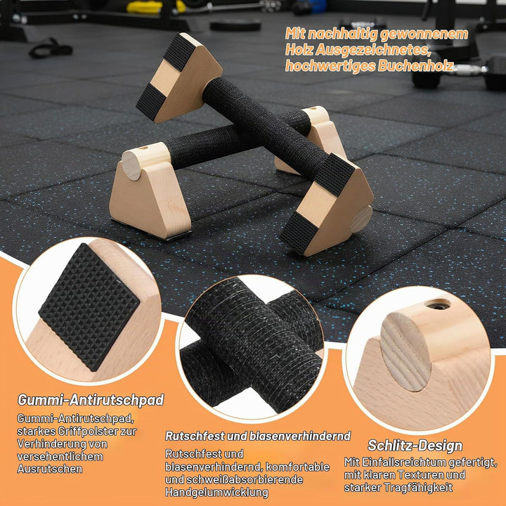 Liegestützgriffe Holz mit Handgelenkbandagen, 2 Stück 25cm Push Up Bars, Gelenkschonende Parallettes