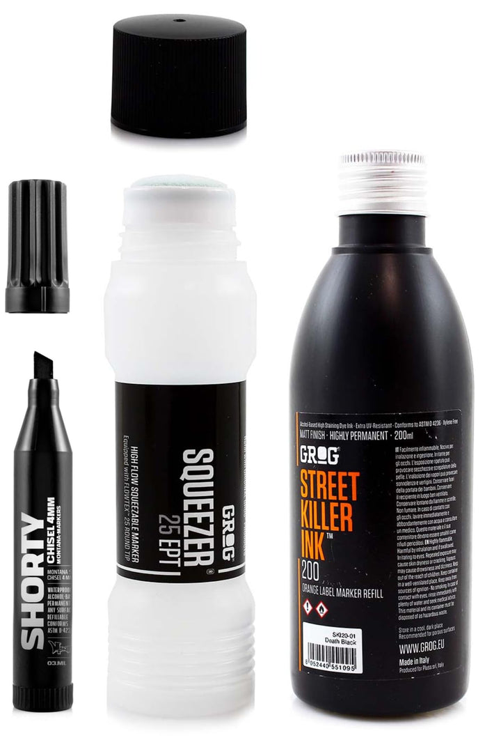 Grog Action Pack Death Black - Street Ink Refill 200ml + 25mm Empty Squeezer + Montana Pocket Marker