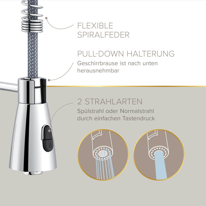 Lenz Küchenarmatur KALANI² in Chrom – flexible Geschirrbrause mit 2 Strahlarten – komfortable EasyFi