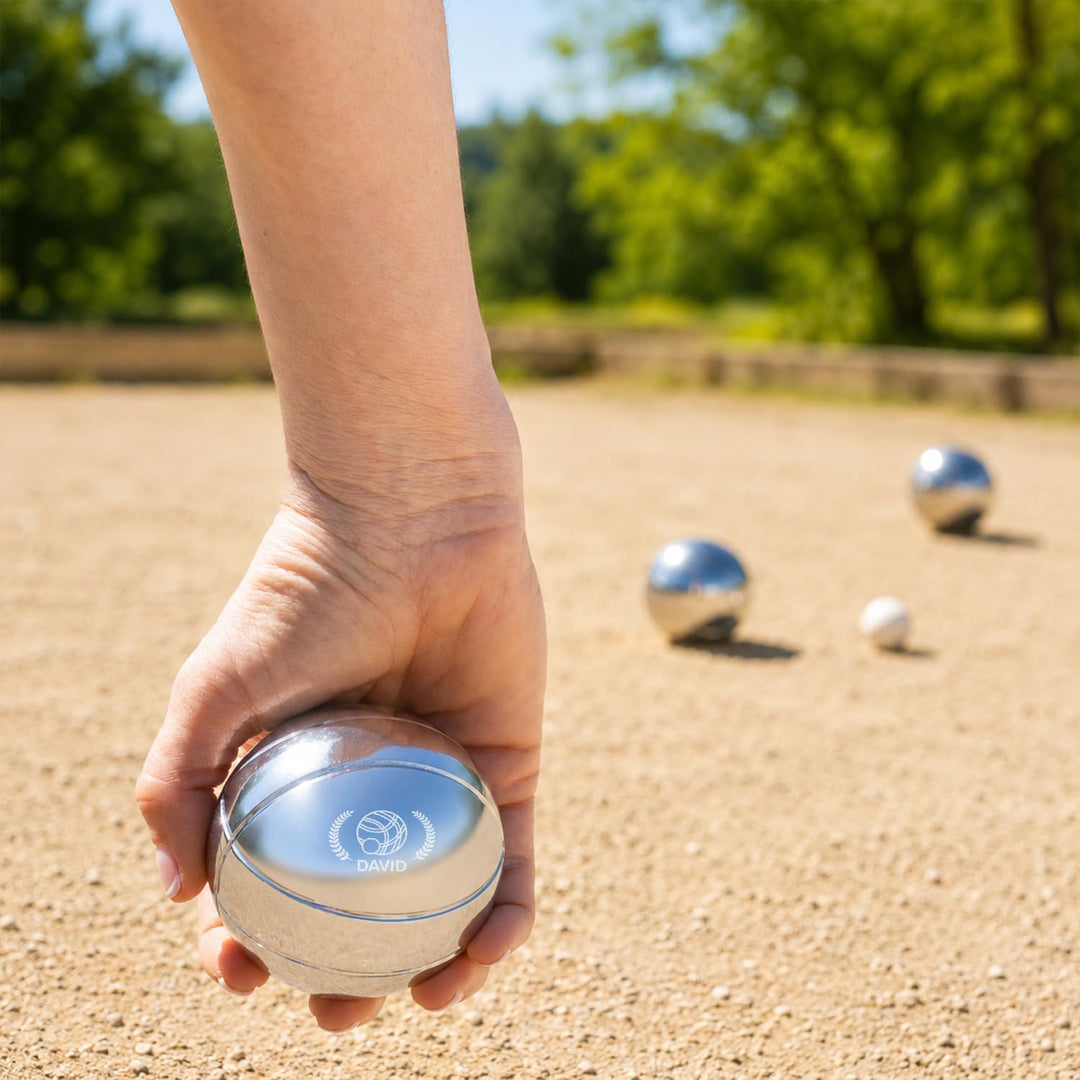 Wanapix|Pétanque-Kugeln | Geschenk| 3 Kugeln+Tasche |Namen Text Personalisieren Metall Lorbeerkranz,