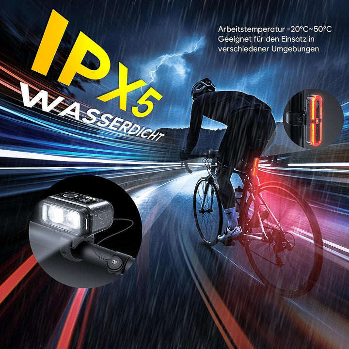 Fahrradlicht Set, 100LUX, Mit Sensorbremse und Fernlichtfunktion, 3200mAh Akku, StVZO zugelassen, Ty