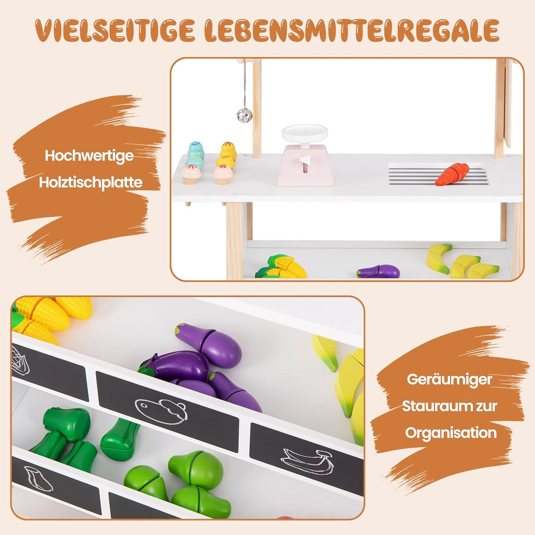 COSTWAY Kinder Eiswagen mit 6 Eiscreme, Kaufladen Holz mit 2 Ablagen, Einkaufswagen auf Rollen, inkl