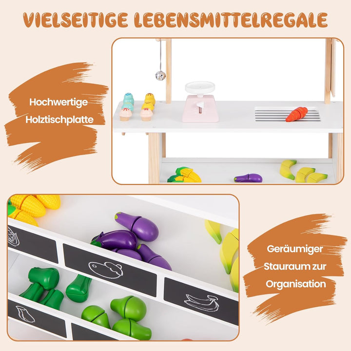COSTWAY Kinder Eiswagen mit 6 Eiscreme, Kaufladen Holz mit 2 Ablagen, Einkaufswagen auf Rollen, inkl