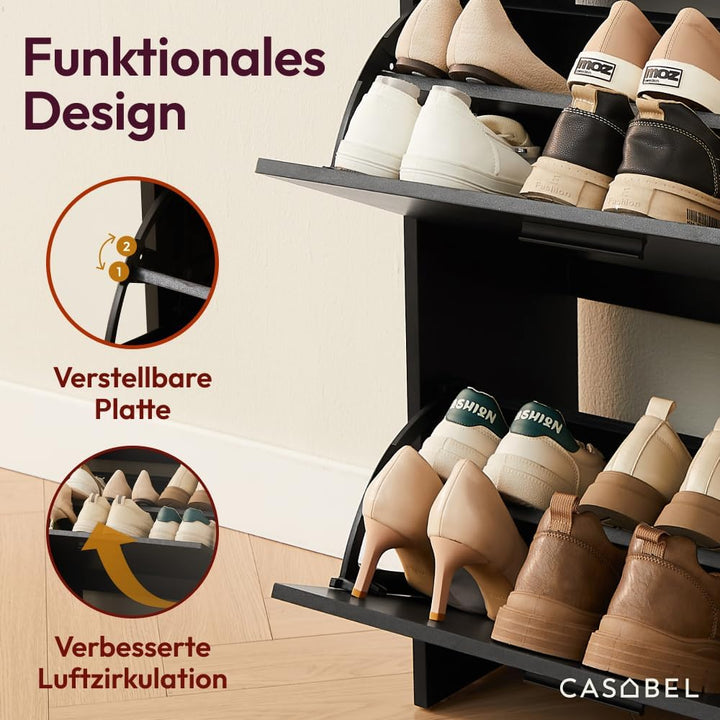 CASABEL Schuhschrank Schmal für 12 Paar Schuhe, Modernes Schuregal Holz mit 2 Klappen, Platzsparende