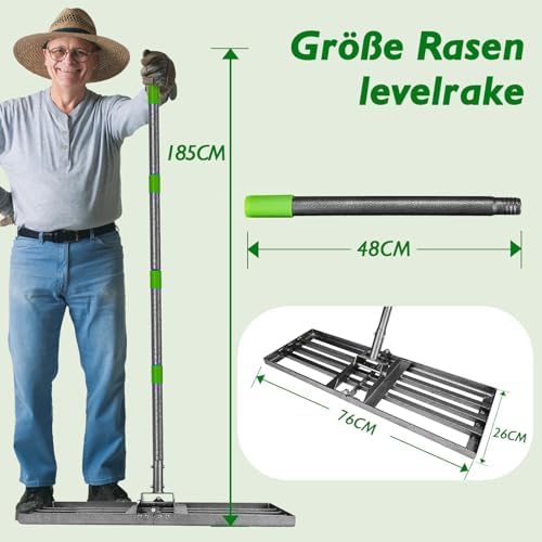 Rasen Nivellierungsrechen,76x25cm Rasenrechen,185 cm Verstellbarer Stiel,Rasen nivellierrechen Geeig