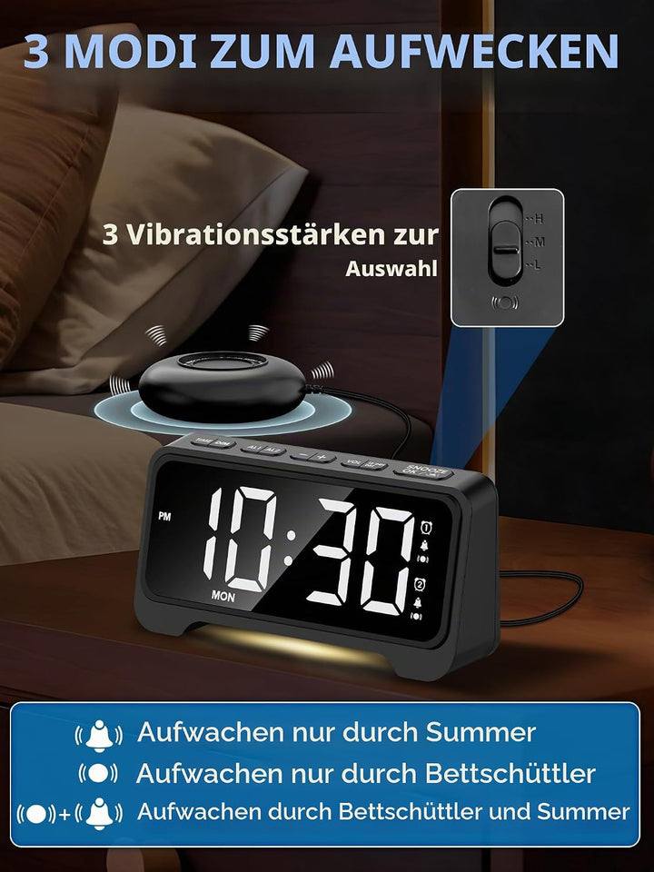 Mesqool Vibrationswecker, Lauter Wecker für Tiefschläfer, Digitaler Wecker mit Nachtlicht, Grosses D