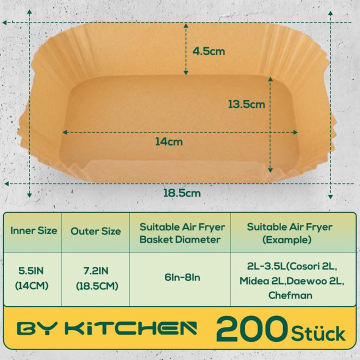 BYKITCHEN 200 Stück Airfryer Backpapier für Chefman/Midea/Cosori Mini Heissluftfritteuse 2L, Airfrye