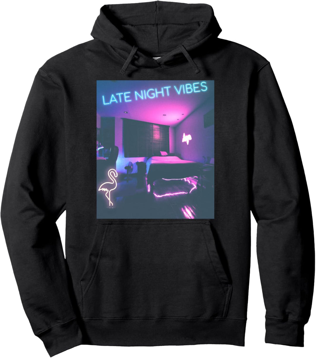 Late Night Vibes. Schlafzimmer mit einem Vaporwave Flamingo Pullover Hoodie