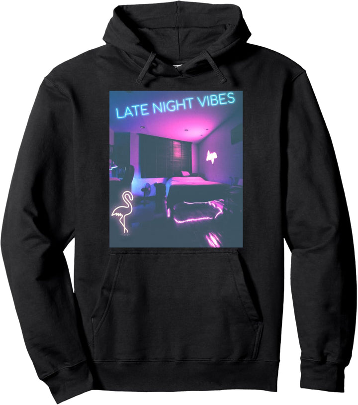 Late Night Vibes. Schlafzimmer mit einem Vaporwave Flamingo Pullover Hoodie