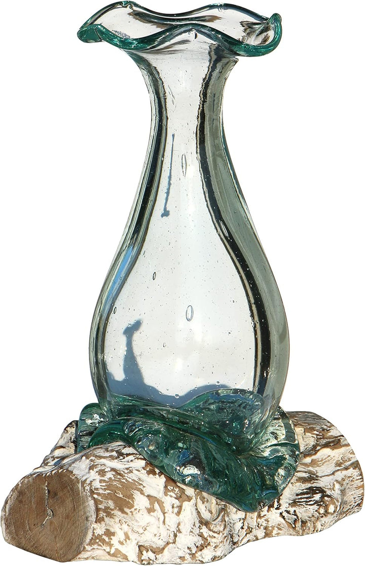Wogeka - White Line Collection - 25 cm weisse Glas-Vase Athena auf Wurzel-Holz als Maritime Mediterr