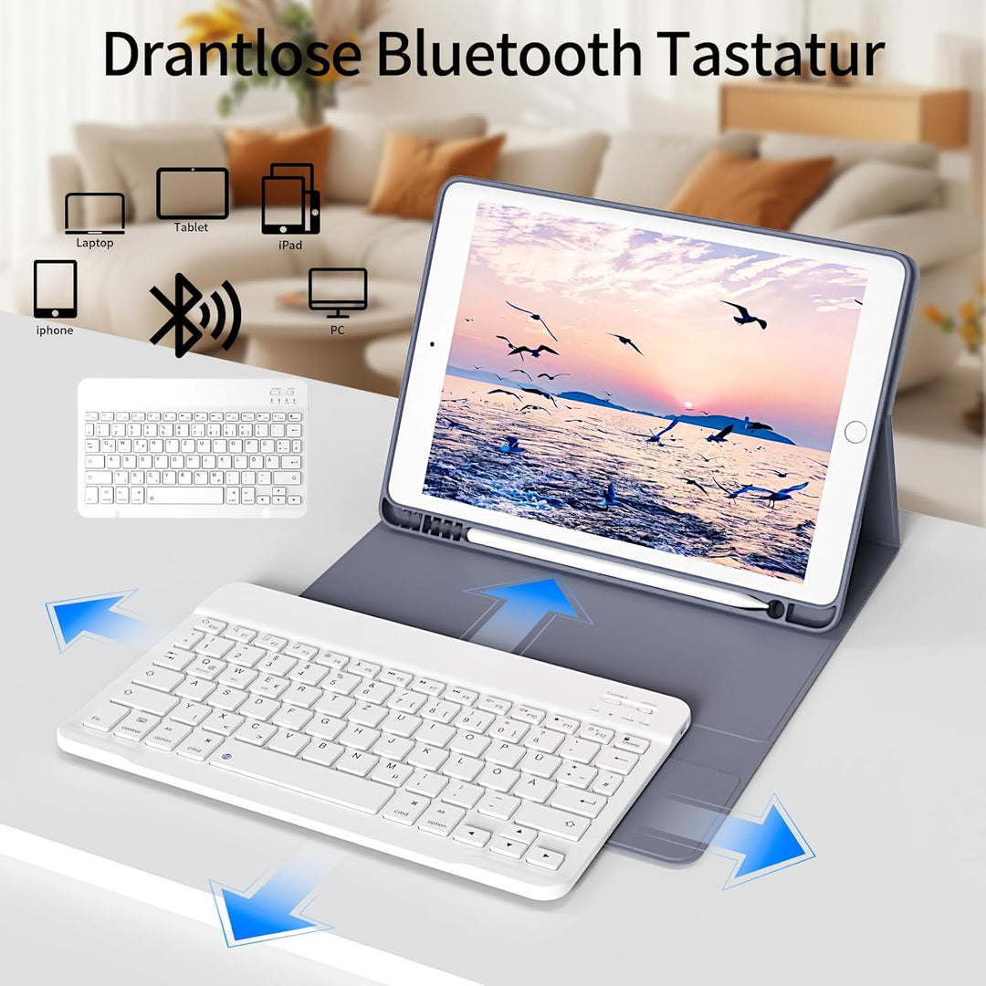 Hülle mit Tastatur für iPad 9./8./7. Generation 10,2 Zoll 2021/2020/2019, Abnehmbare kabellose Keybo