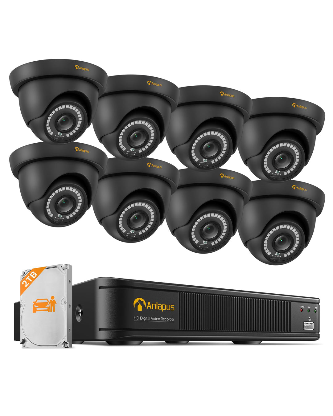 Anlapus  H.265+ 1080P Outdoor Überwachungskamera Set mit 2TB Festplatte 8CH 1080P DVR mit 8X 2MP Dom