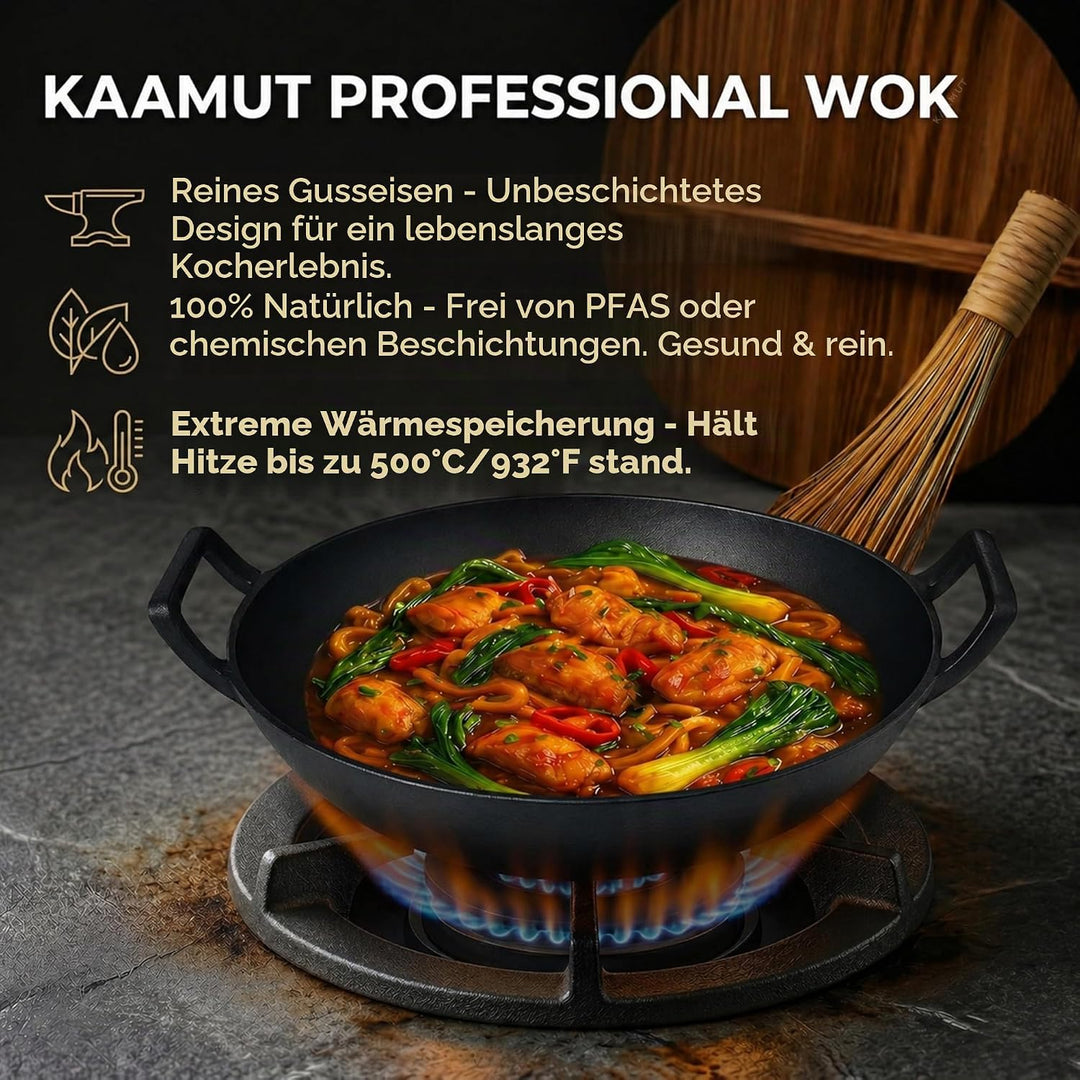 Wok Wadjan Professionell Ø36 aus Gusseisen – Mit Holzdeckel &amp; Bambus-Wokbürste – Für alle Wärmequell