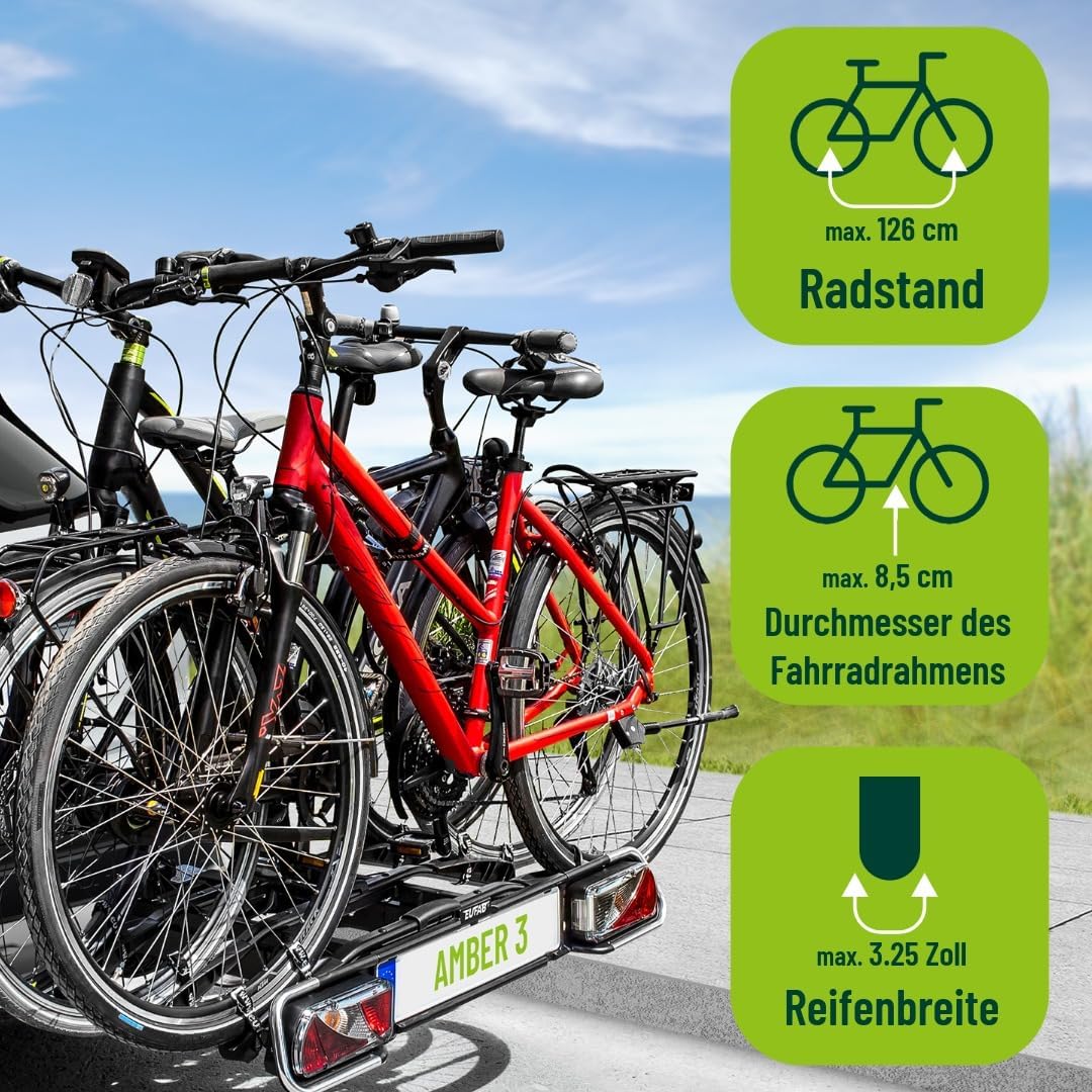 EUFAB 11555 Fahrradträger AMBER 3, E-Bike geeignet, teilweise vormontiert, Diebstahlschutz, für 3 Fa