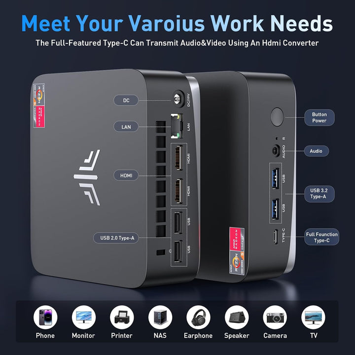 NiPoGi AM16 Mini PC ΑΜD Ryzen 7 5700U(Besser als 5500U/5560U/5675U, 8C/16T, Max. 4,3GHz),Micro PC 16