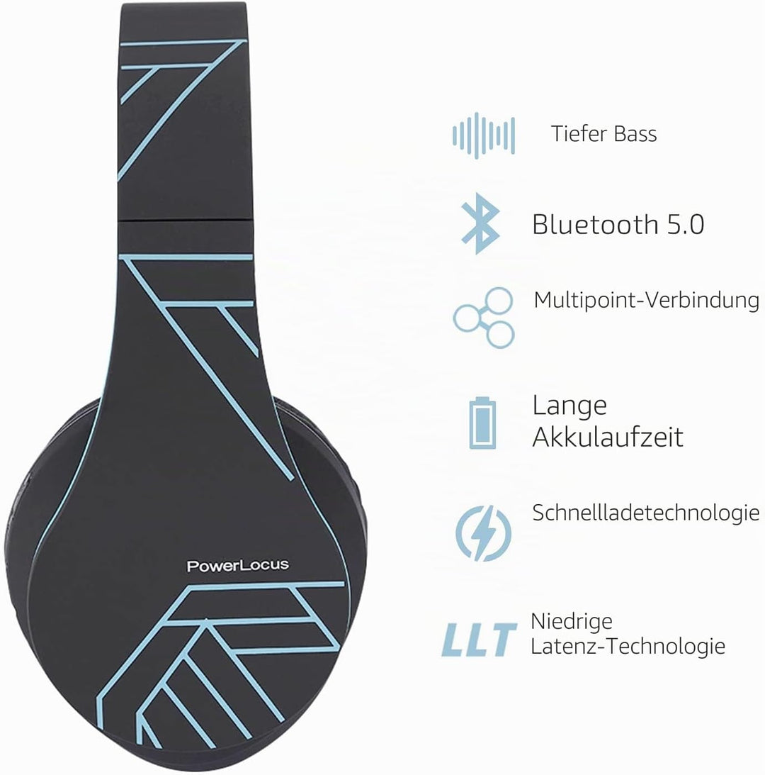 PowerLocus Kabellose Kopfhörer Over Ear, Kopfhörer Bluetooth mit Mikrofon, Faltbar, weiche Ohrpolste