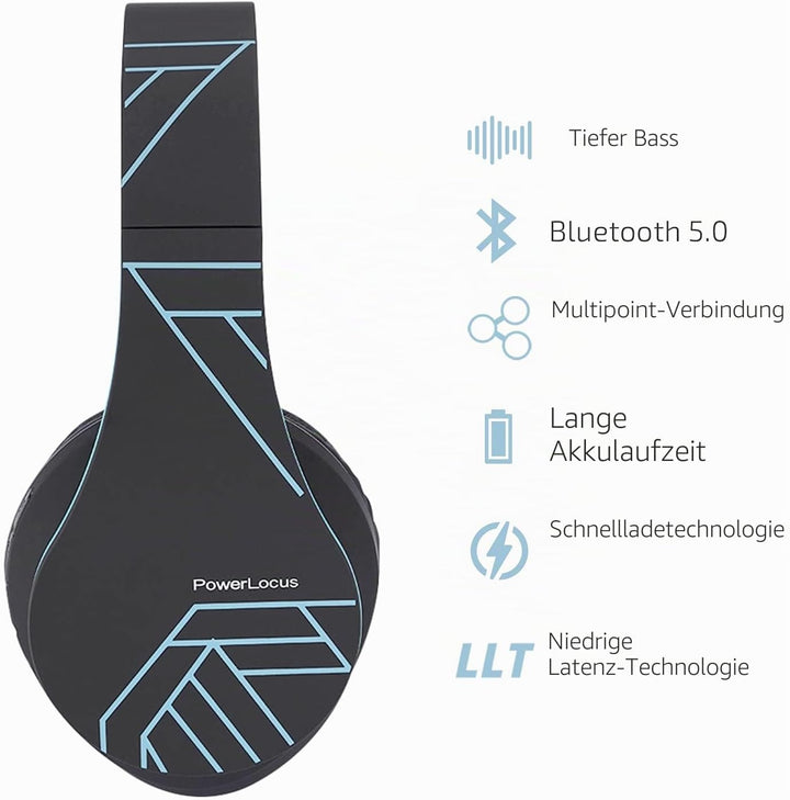 PowerLocus Kabellose Kopfhörer Over Ear, Kopfhörer Bluetooth mit Mikrofon, Faltbar, weiche Ohrpolste