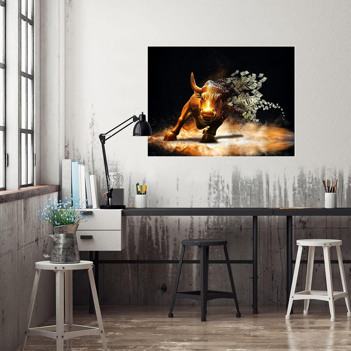 wandmotiv24 Poster als Wanddeko, Grösse 80x60cm, Goldener Stier, Dollar, Geldscheine, Geld, Tier, Mo