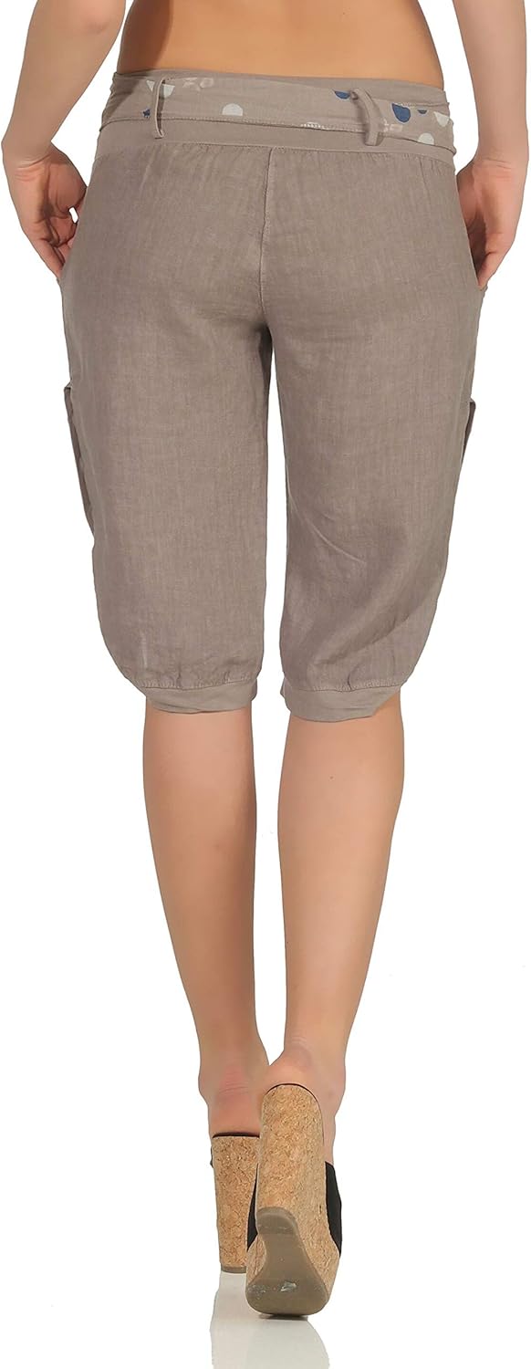 Malito Damen Kurze Hose aus Leinen | Caprihose in Unifarben | feine Freizeithose mit Gürtel | Stoffh