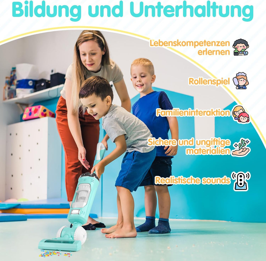 PLAY 2 in 1 Kinder Staubsauger Set, Elektrischer Staubsauger Spielzeug mit Eva-Granulat, Saugen und