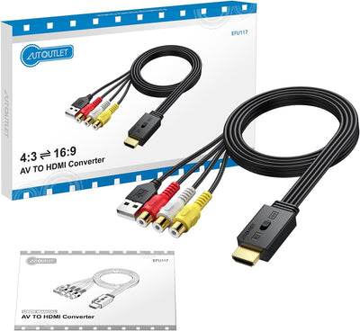 AUTOUTLET RCA auf HDMI Konverter, 1080P AV auf HDMI Adapter unterstützt 16:9/4:3 Konvertierung, PAL/