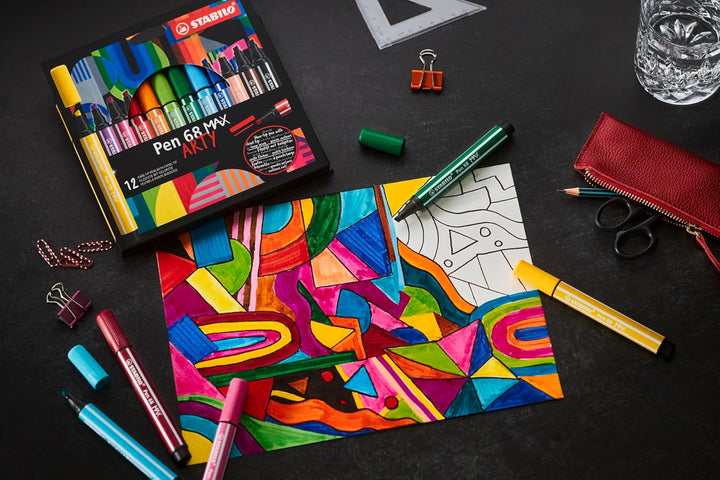 Premium-Filzstift mit dicker Keilspitze - STABILO Pen 68 MAX - ARTY - 24er Pack - mit 24 verschieden