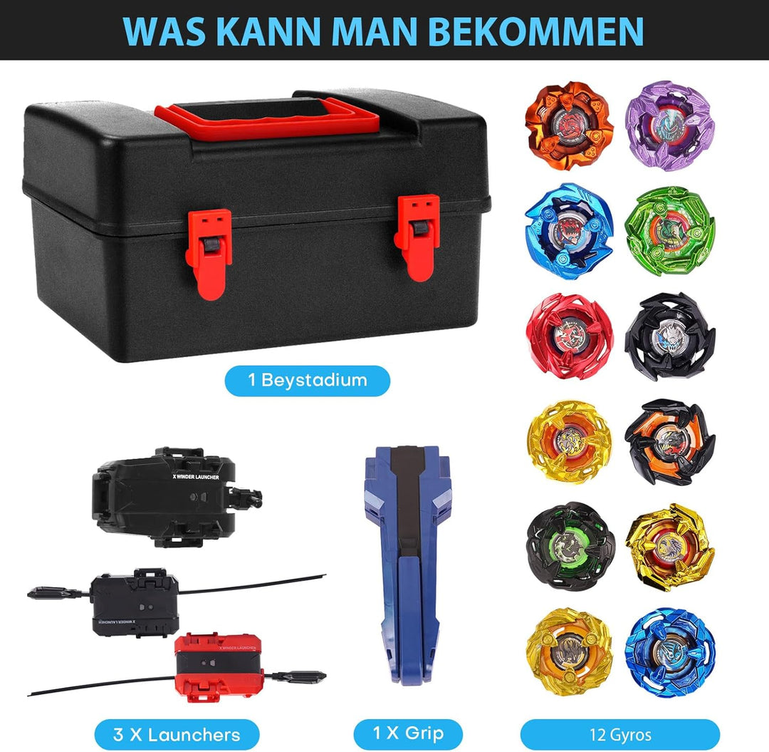 X Kreisel Battle Set, 12 Kampfkreisel 2 Launchers 1 Schnur Starter mit Griff, Spinning Top Box, Batt