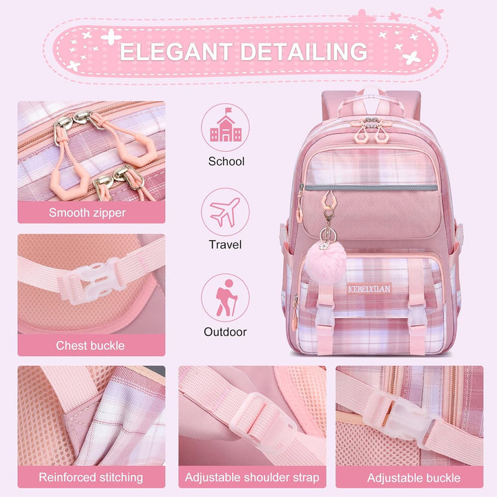 KEBEIXUAN Schulrucksack Mädchen, 25L Rucksack Kinder mit Brustgurt, Leichter Schultasche für Grundsc