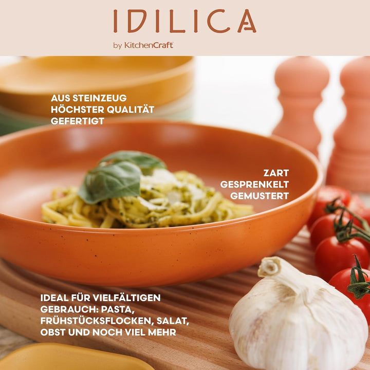 KitchenCraft Idilica Nudelschalen aus Steinzeug, 4er-Set flache Keramikschalen, mikrowellen- und spü