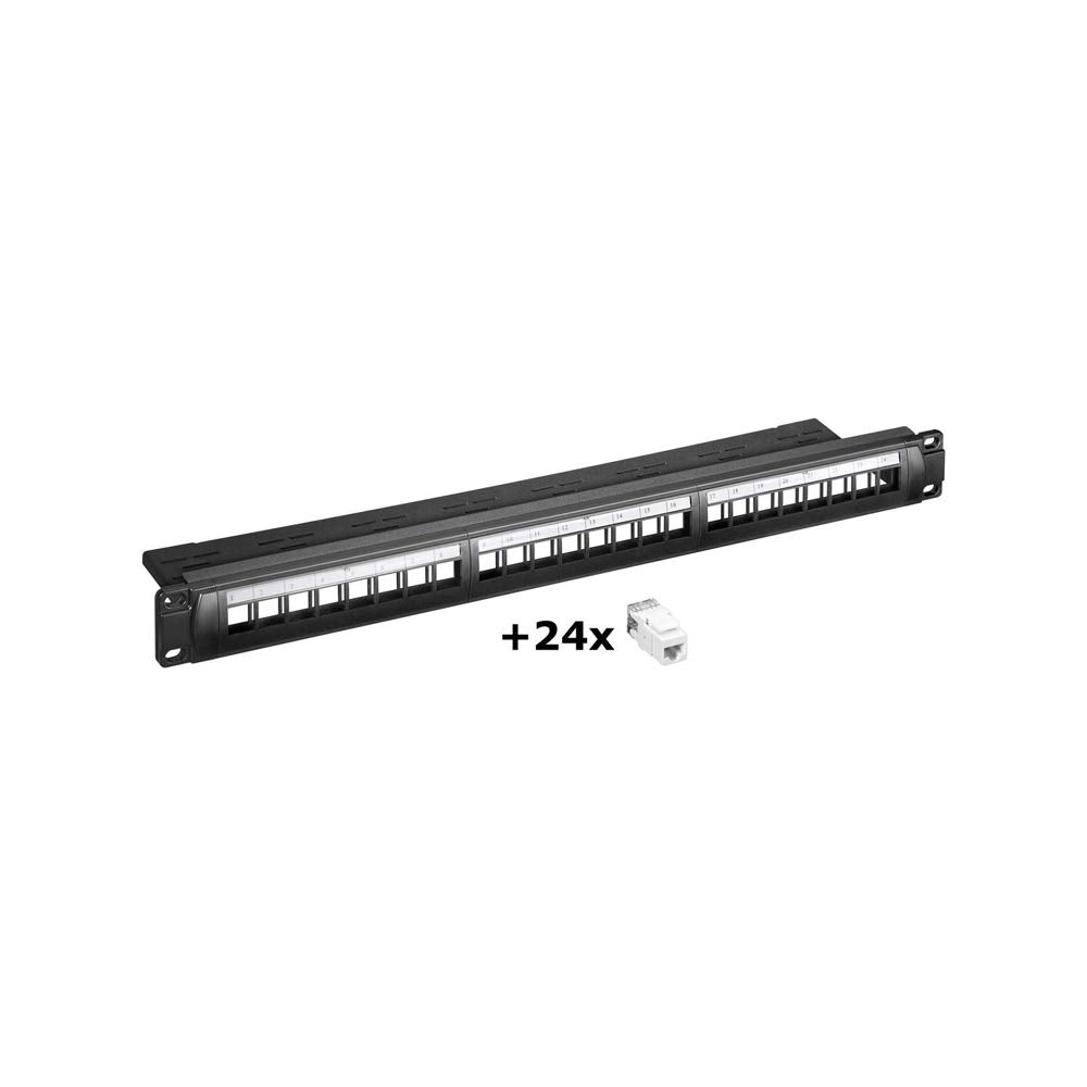 Goobay 95336 Keystone Patch Panel 24 Port / 19 Zoll Gehäuse mit 24x CAT 6 RJ45 Keystone Modulen / 1