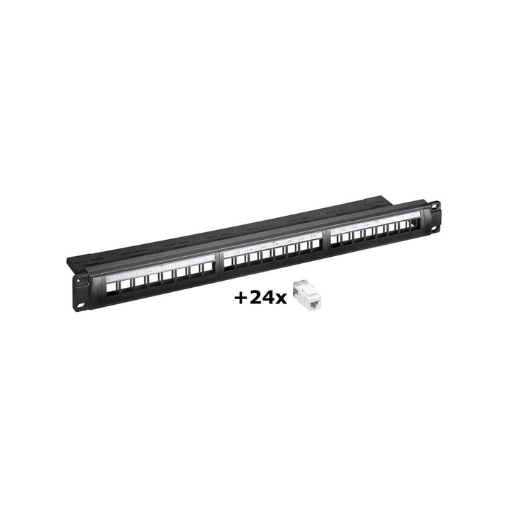 Goobay 95336 Keystone Patch Panel 24 Port / 19 Zoll Gehäuse mit 24x CAT 6 RJ45 Keystone Modulen / 1