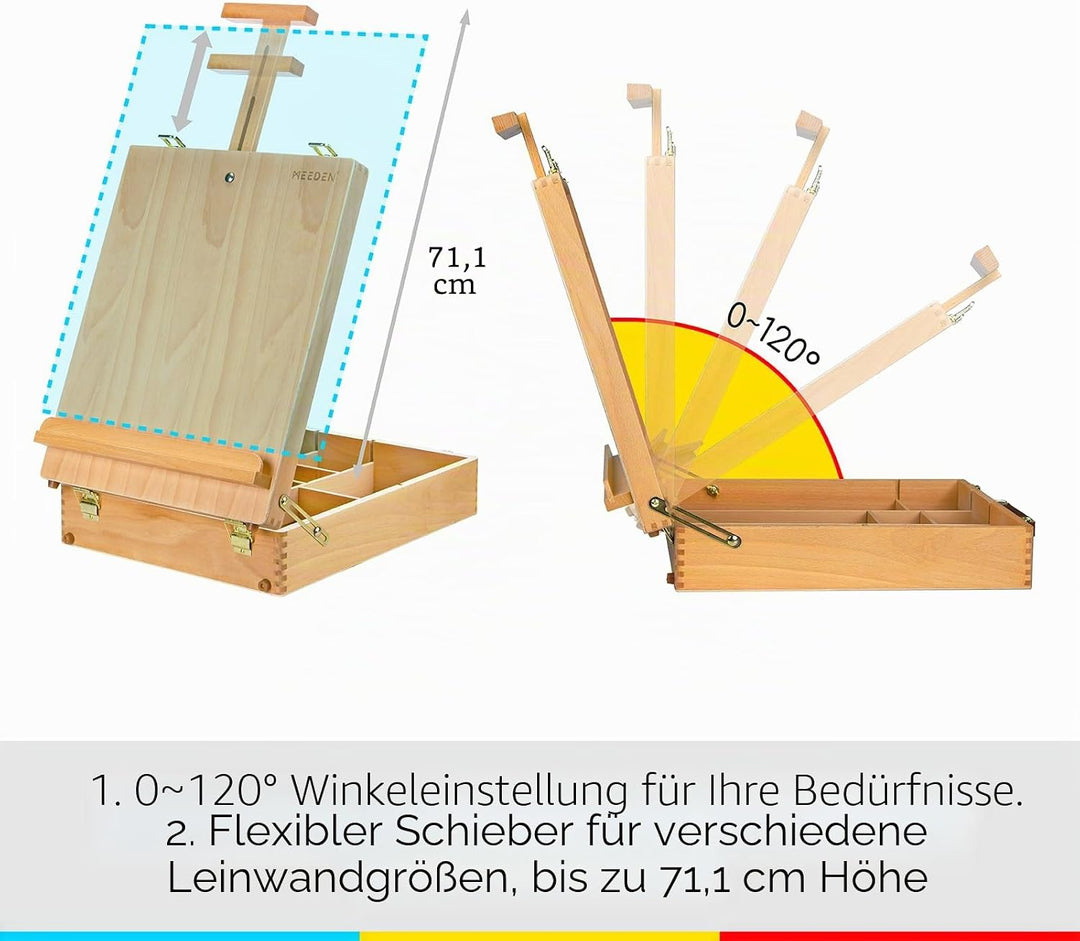 MEEDEN Grosse Studio Skizzenkasten Staffelei, Verstellbare Tischstaffelei aus massivem Buchenholz, K