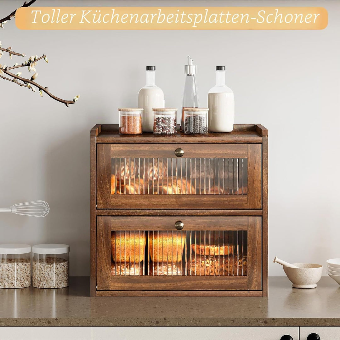 Brotkasten Holz, 2 Etagen Gross Brotbox mit Belüftungsloch, Längere Frische & Einfache Pflege, Küche