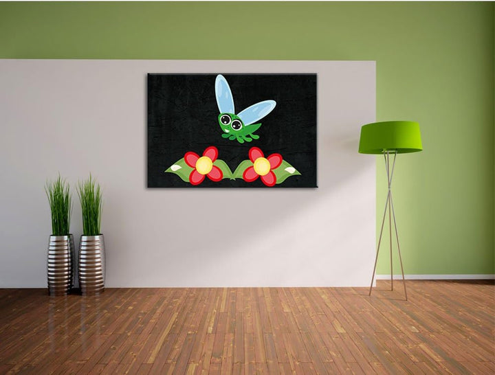 Pixxprint süsse Libelle mit Blumen als Leinwandbild/Grösse: 100x70 cm/Wandbild/Kunstdruck/fertig bes