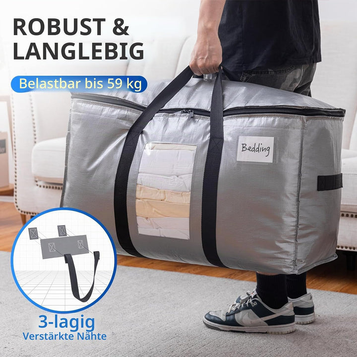 TAILI Silber Grosse Umzugstasche mit Reissverschluss, 4 PCS Aufbewahrungstasche mit Griffe &amp; Deckel
