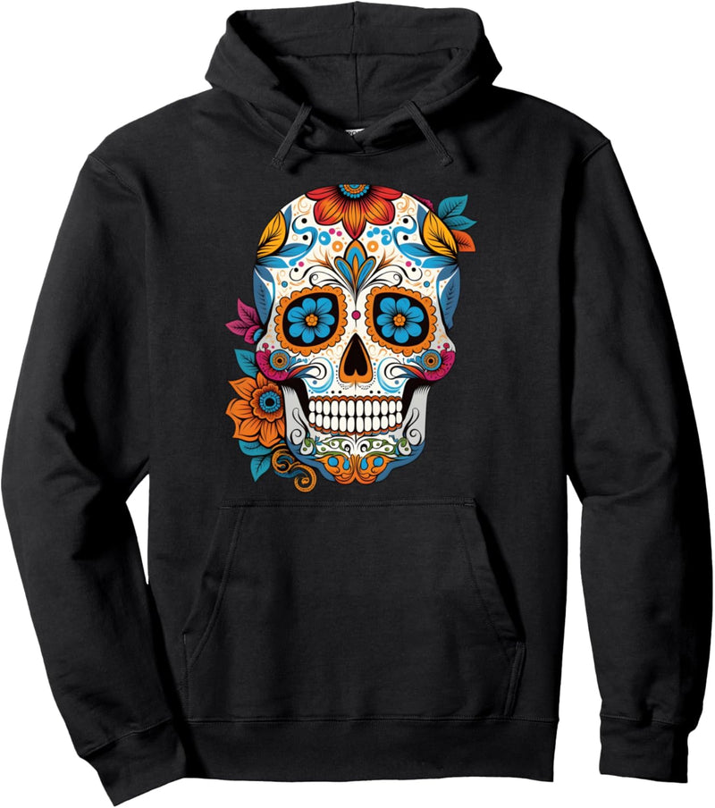 Schädel Mit Hellblauen Und Orangenen Blumen Pullover Hoodie