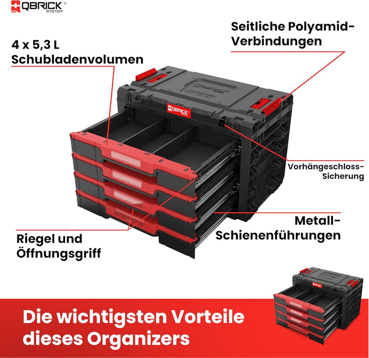 Qbrick System Werkzeugkoffer Sortierbox Leer - 4 Schubladen - Werkzeugkiste - 542 x 335 x 369 mm Sch