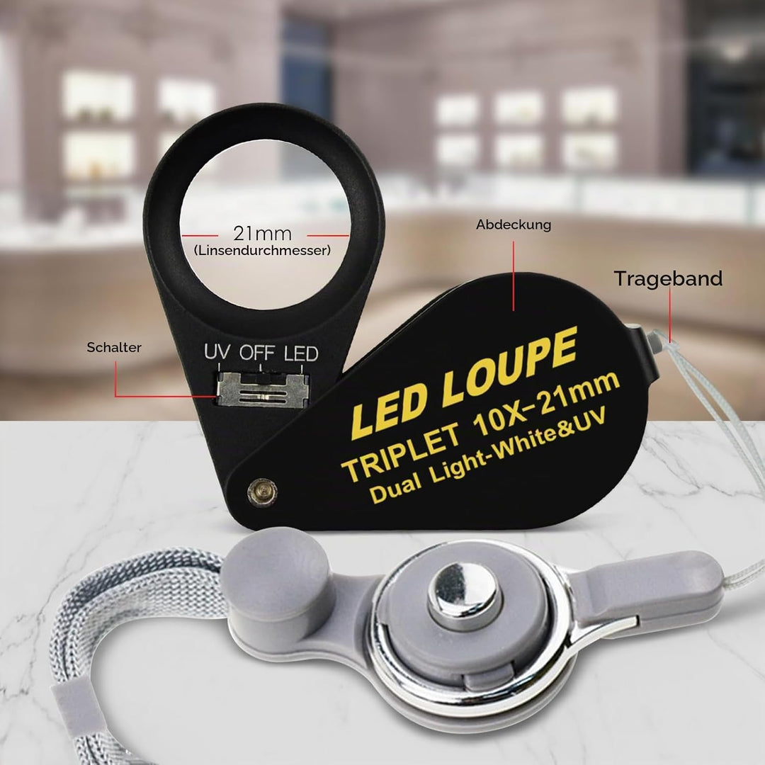 10x21mm Lupe Juwelier Lupe LED UV-Licht Triplet Objektiv Vergrösserungsstein Optisches Werkzeug 10-f