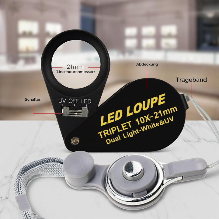 10x21mm Lupe Juwelier Lupe LED UV-Licht Triplet Objektiv Vergrösserungsstein Optisches Werkzeug 10-f