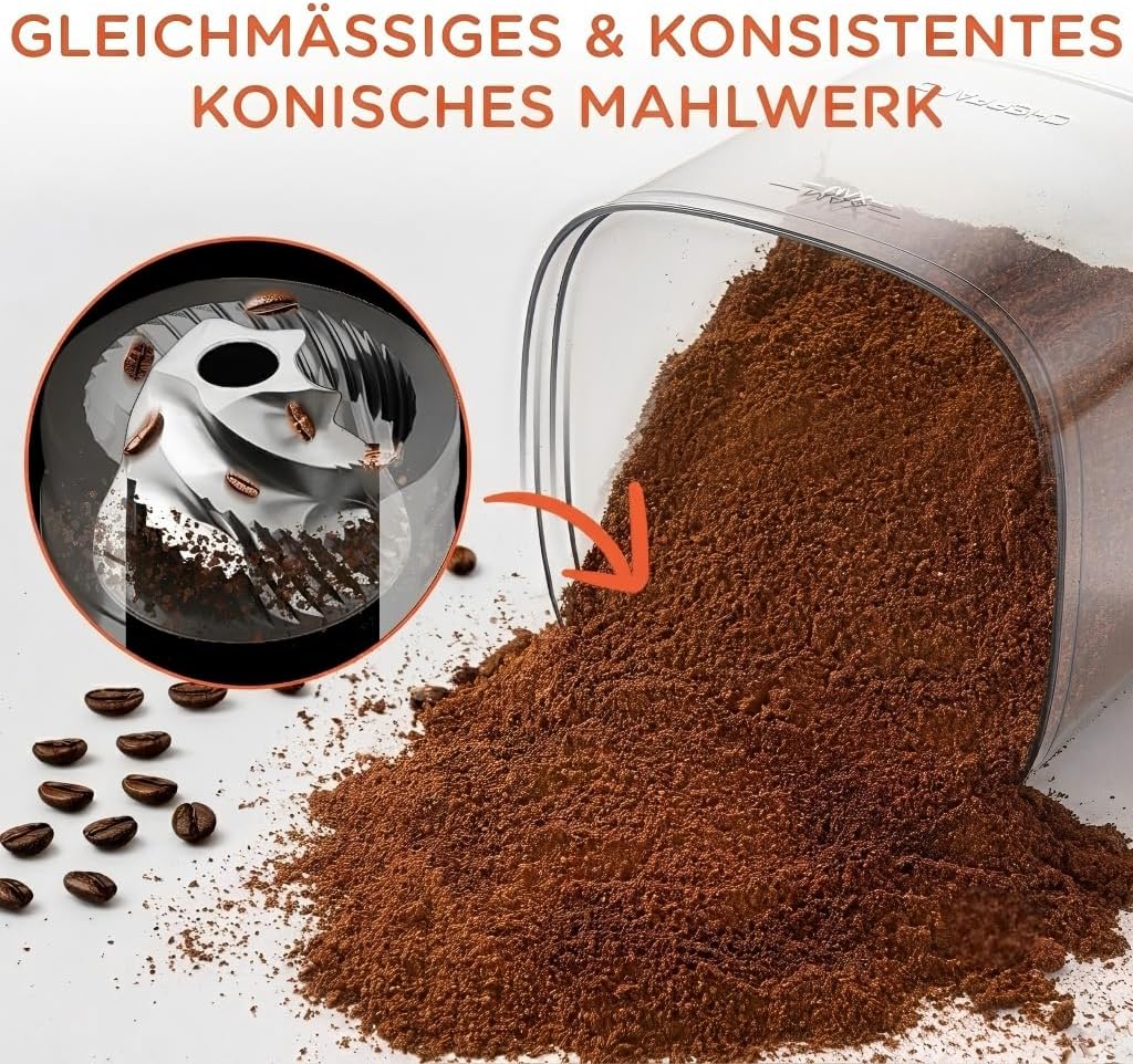 CHEFFANO Elektrische Kaffeemühle mit Kegelmahlwerk, 150W Kaffeebohnenmühle mit 30 Mahlgraden, Kaffee