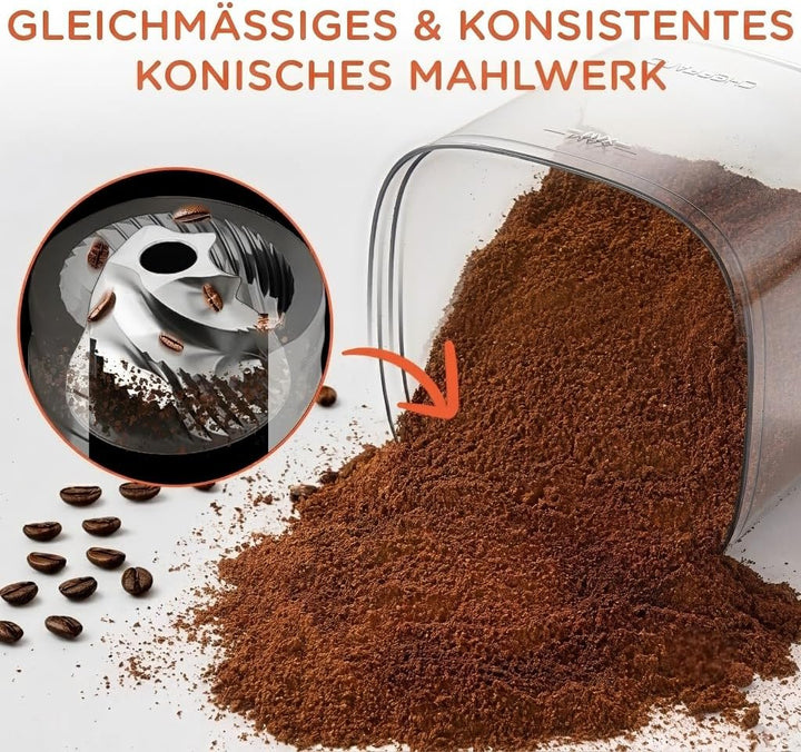 CHEFFANO Elektrische Kaffeemühle mit Kegelmahlwerk, 150W Kaffeebohnenmühle mit 30 Mahlgraden, Kaffee