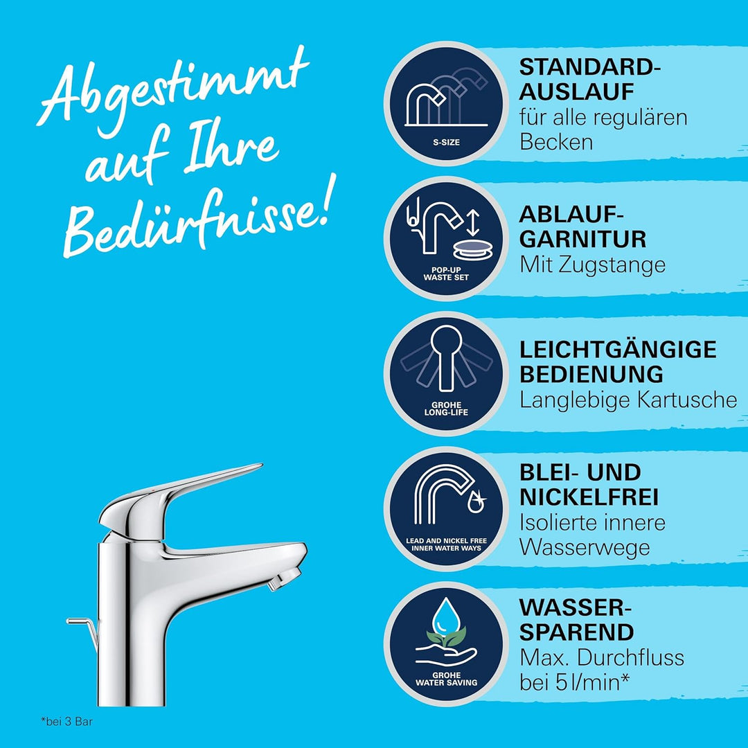 GROHE Swift - Waschtischarmatur (wassersparend, ~16cm hoch, inkl. Montagewerkzeug, Zugstange), chrom