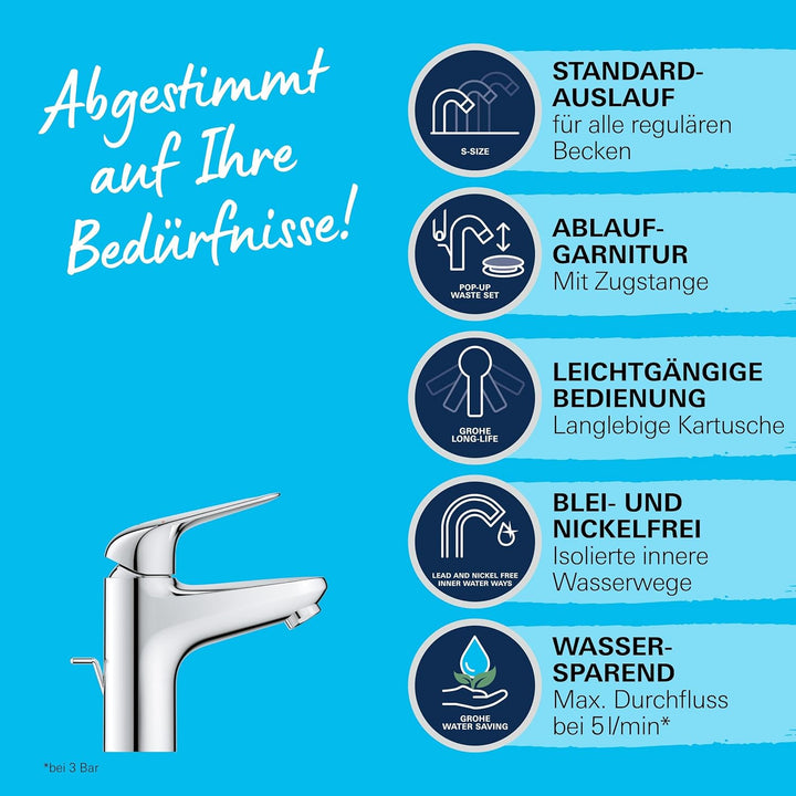 GROHE Swift - Waschtischarmatur (wassersparend, ~16cm hoch, inkl. Montagewerkzeug, Zugstange), chrom