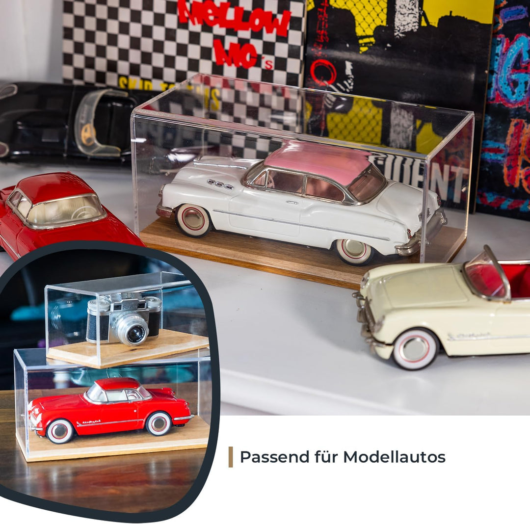 HMF 46872 Acryl Vitrine / Schaukasten mit Holzsockel für Modellautos | 27 x 12 x 11 cm | Transparent